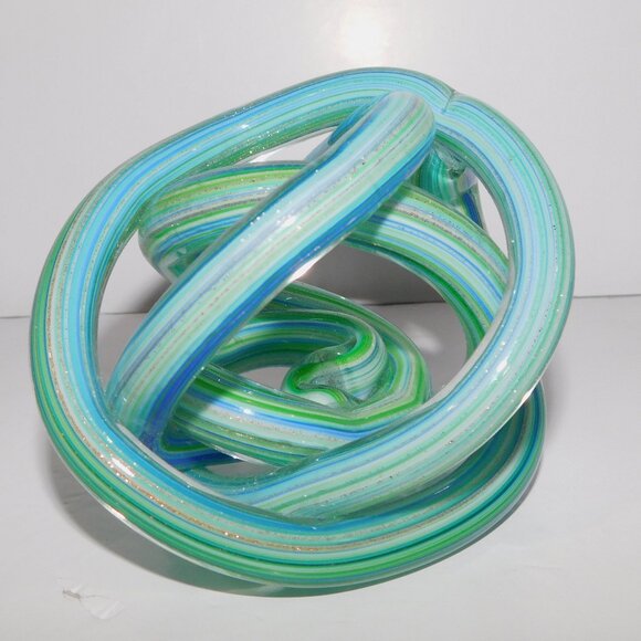 Endless Knot Blown Glass Paperweight Home Desk Decor Green Blue Aqua Gold - Picture 3 of 7